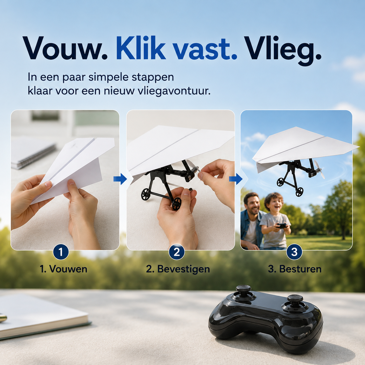 SkyRider™ Pro – Bestuurbaar Papieren Vliegtuig l Van een simpel vel papier naar je eigen bestuurbare vliegtuig – bouwen, opstijgen en vliegen maar!