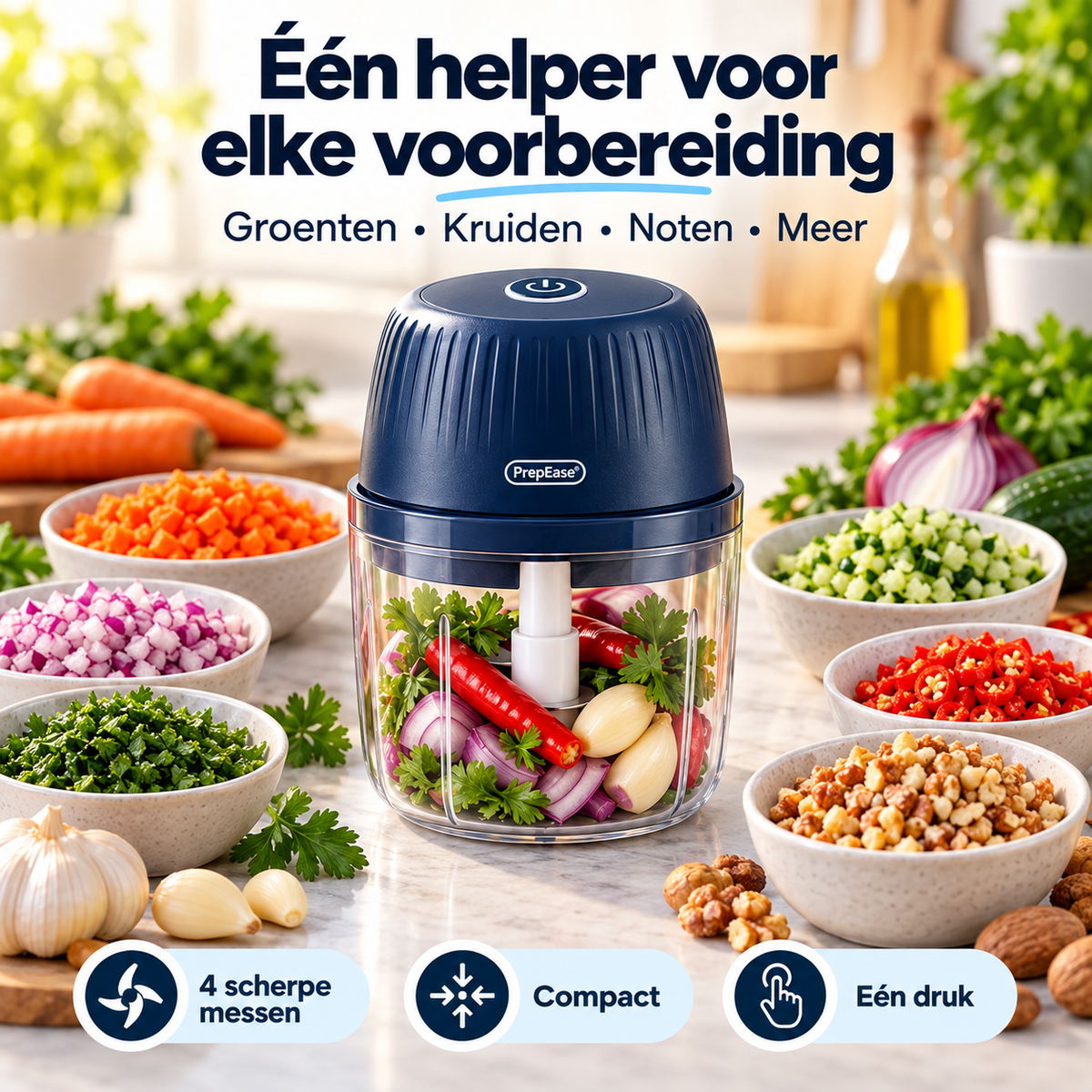 PrepEase™ Pro l Mini Keukenhakker & Mixer Hak, meng en kluts in seconden – zonder eindeloos snijwerk