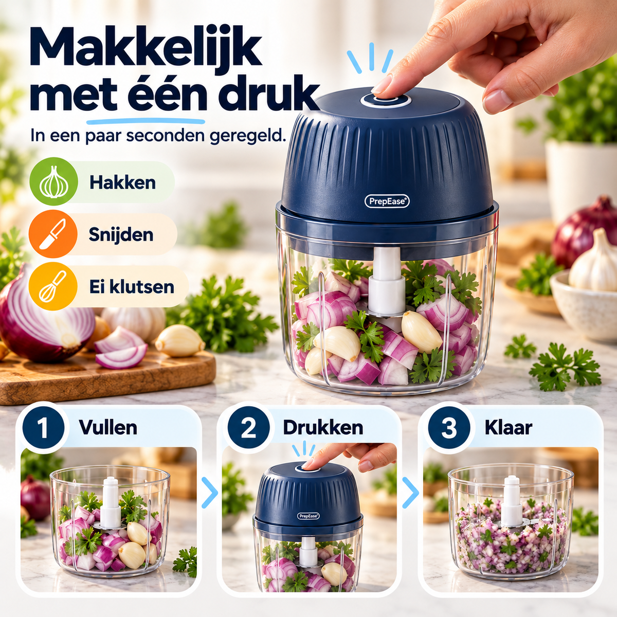 PrepEase™ Pro l Mini Keukenhakker & Mixer Hak, meng en kluts in seconden – zonder eindeloos snijwerk