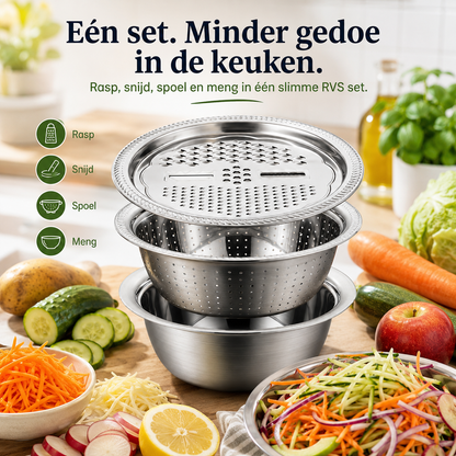 PrepForce™ Pro l Raspen, snijden, spoelen en mengen in één stevige RVS set — sneller klaar met minder gedoe