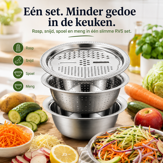 PrepForce™ Pro l Raspen, snijden, spoelen en mengen in één stevige RVS set — sneller klaar met minder gedoe