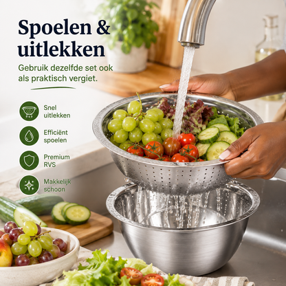 PrepForce™ Pro l Raspen, snijden, spoelen en mengen in één stevige RVS set — sneller klaar met minder gedoe
