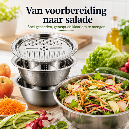 PrepForce™ Pro l Raspen, snijden, spoelen en mengen in één stevige RVS set — sneller klaar met minder gedoe