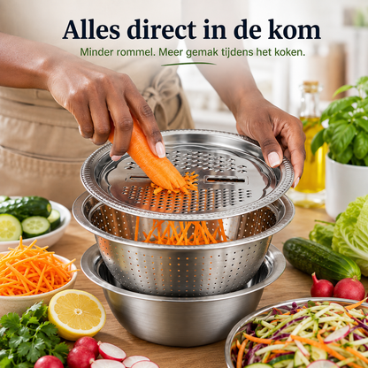 PrepForce™ Pro l Raspen, snijden, spoelen en mengen in één stevige RVS set — sneller klaar met minder gedoe