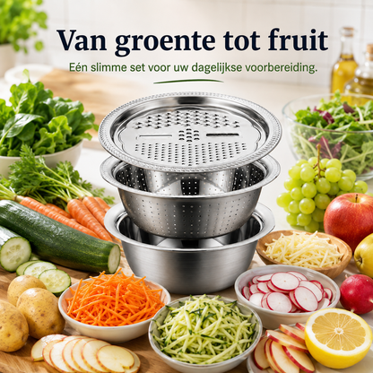 PrepForce™ Pro l Raspen, snijden, spoelen en mengen in één stevige RVS set — sneller klaar met minder gedoe