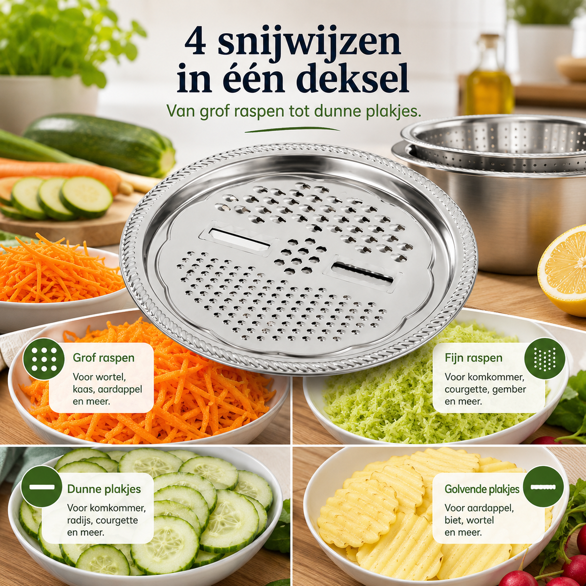 PrepForce™ Pro l Raspen, snijden, spoelen en mengen in één stevige RVS set — sneller klaar met minder gedoe