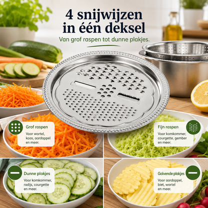 PrepForce™ Pro l Raspen, snijden, spoelen en mengen in één stevige RVS set — sneller klaar met minder gedoe