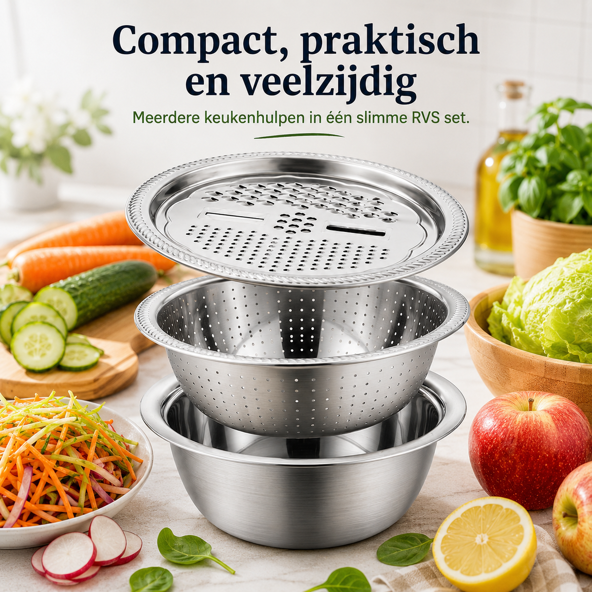 PrepForce™ Pro l Raspen, snijden, spoelen en mengen in één stevige RVS set — sneller klaar met minder gedoe