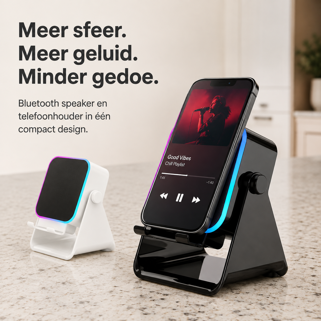 RiffDock™ Pro l Meer geluid, handsfree kijkcomfort en sfeervolle verlichting in één slimme standaard