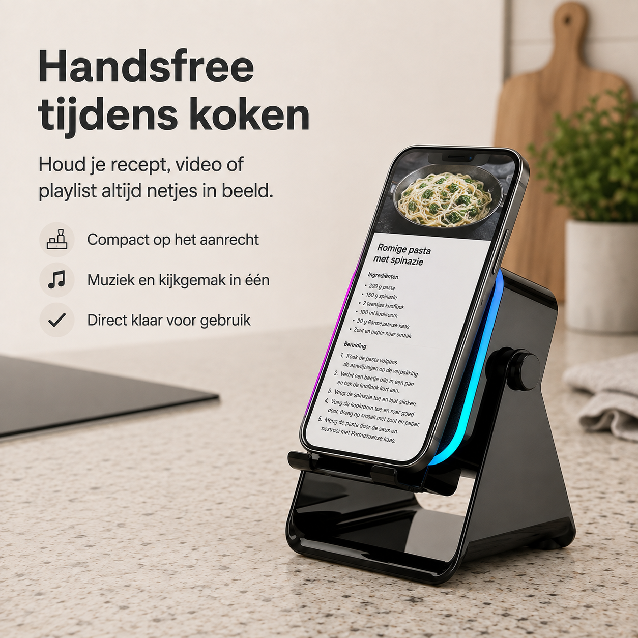 RiffDock™ Pro l Meer geluid, handsfree kijkcomfort en sfeervolle verlichting in één slimme standaard