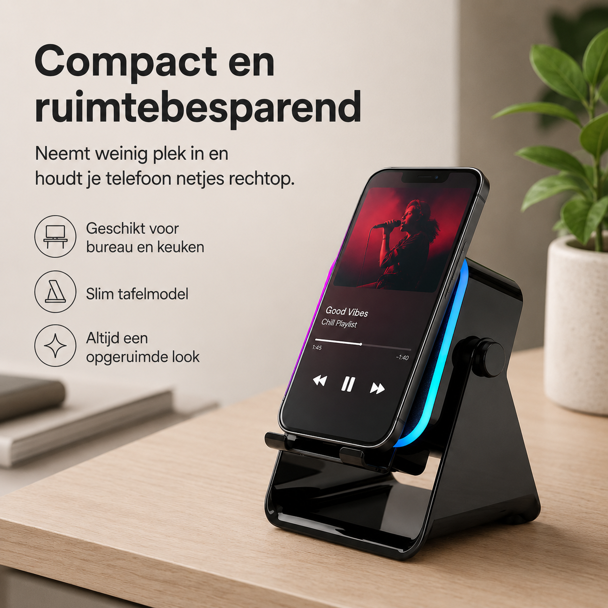 RiffDock™ Pro l Meer geluid, handsfree kijkcomfort en sfeervolle verlichting in één slimme standaard
